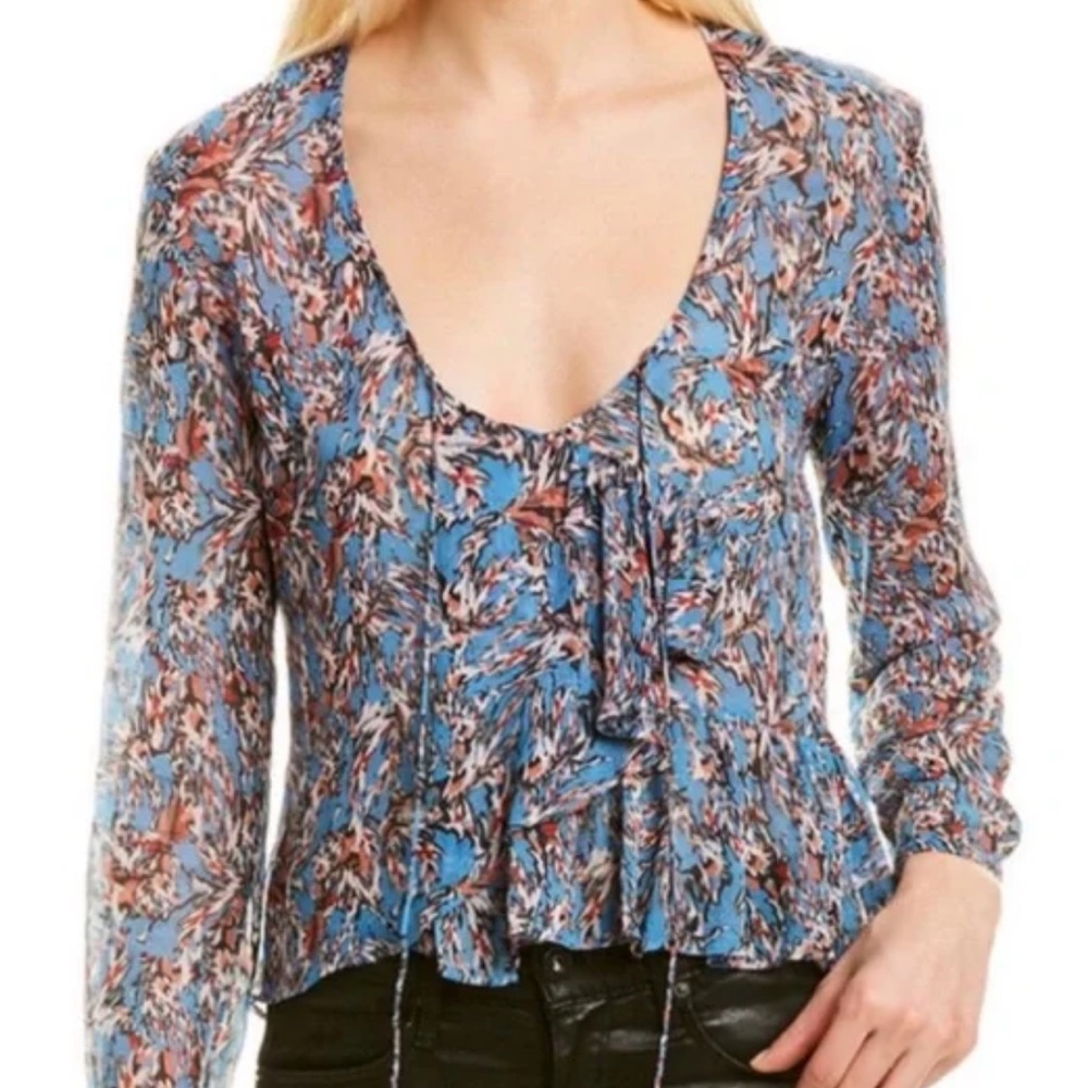 IRO Paris Blue Floral Sheer Ruffle Long Sleeve Blouse Size 38(6)